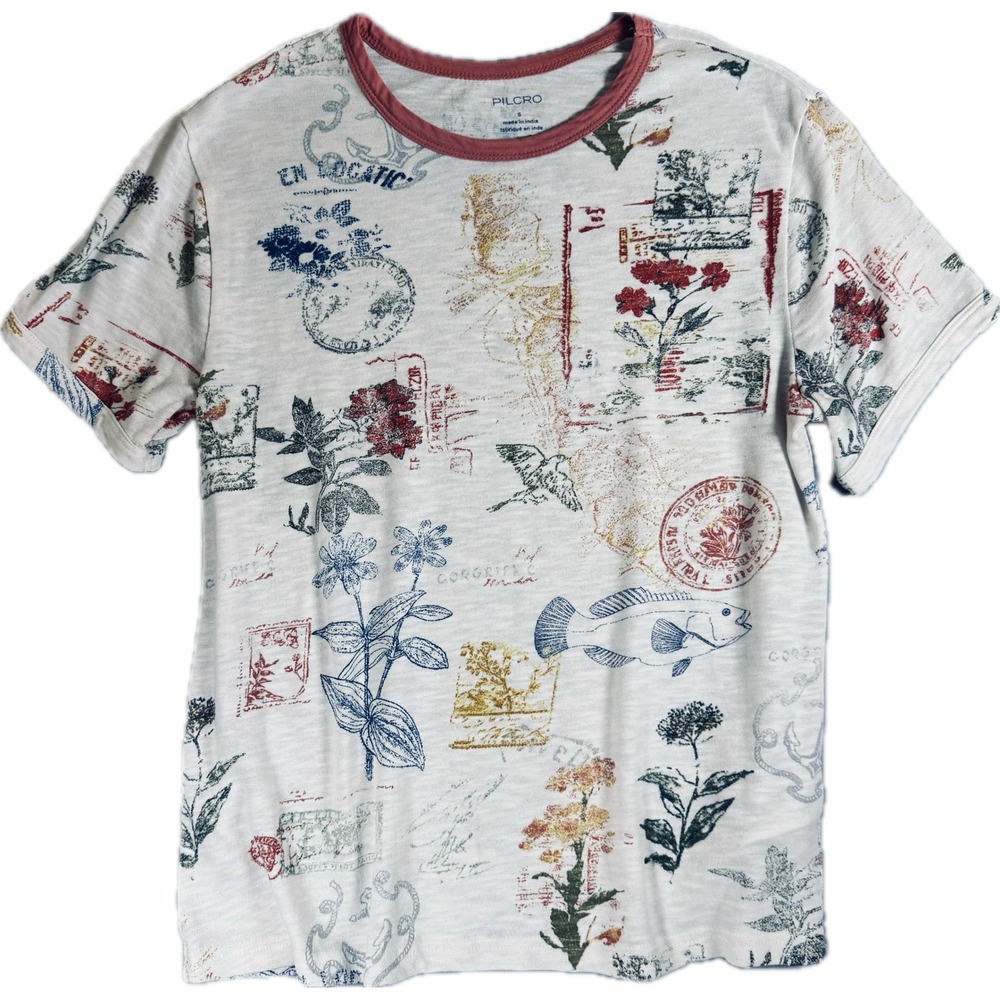 Pilcro T-Shirt Womens Small Gray Red Postcard Stamp Print Anthropologie